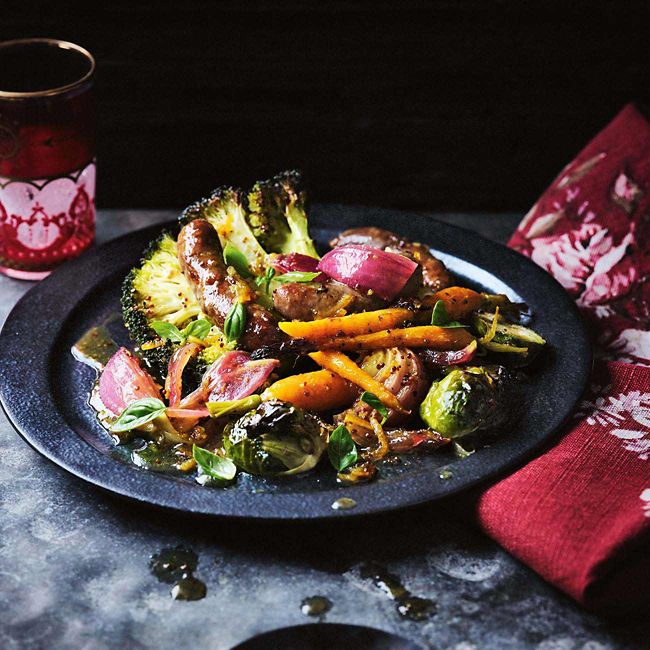 Marmalade-Glazed Veggies & Chipotle Sausages