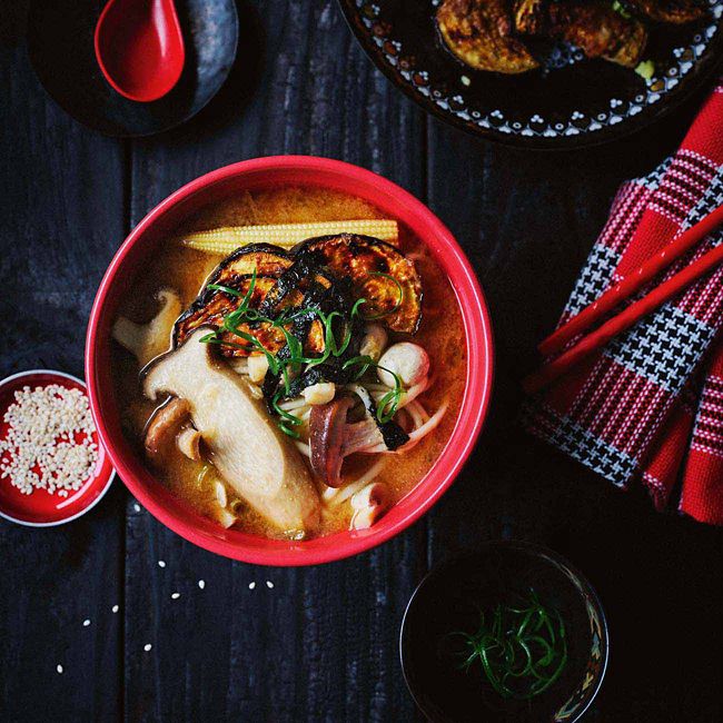 Miso-Glazed Eggplant & Noodle Soup