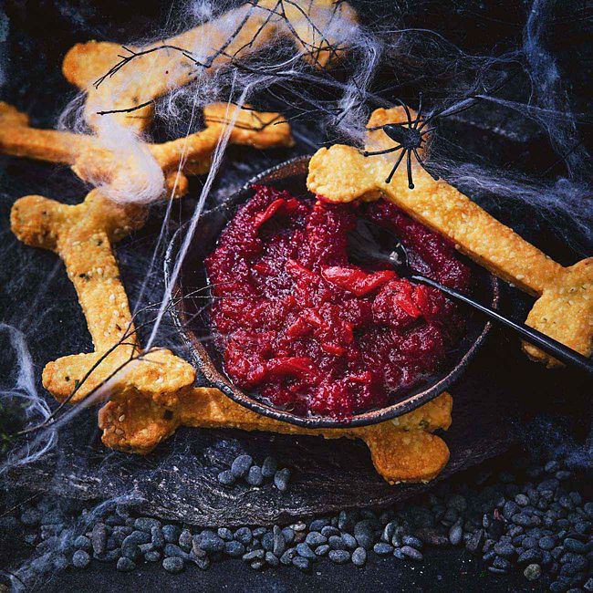 Bloody Beetroot Dip With Cheesy Biscuit Bones