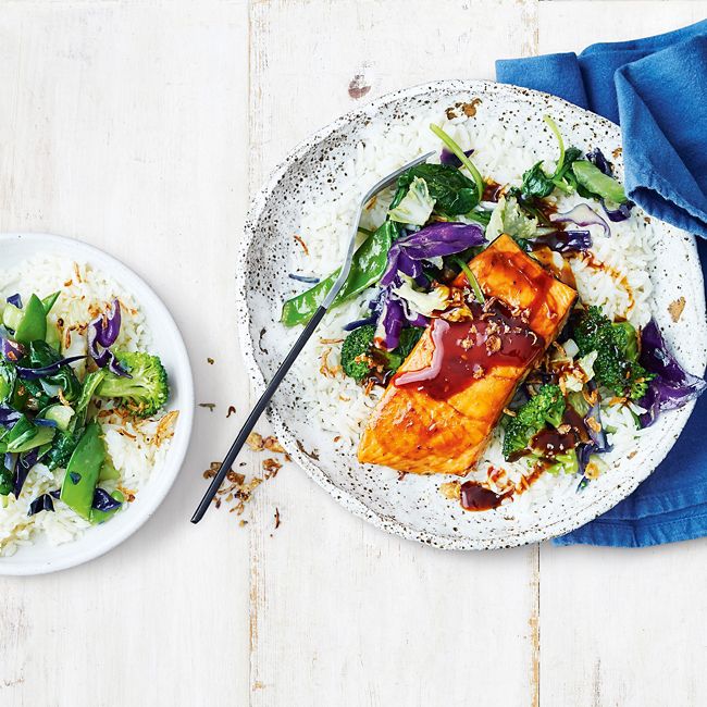 Quick Baked Salmon With Asian Greens On Rice