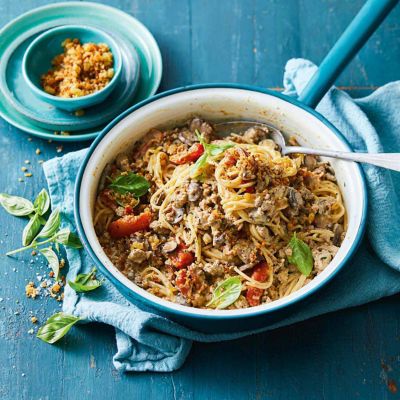 Creamy Pork Bolognese With Garlic Cheese Crumbs