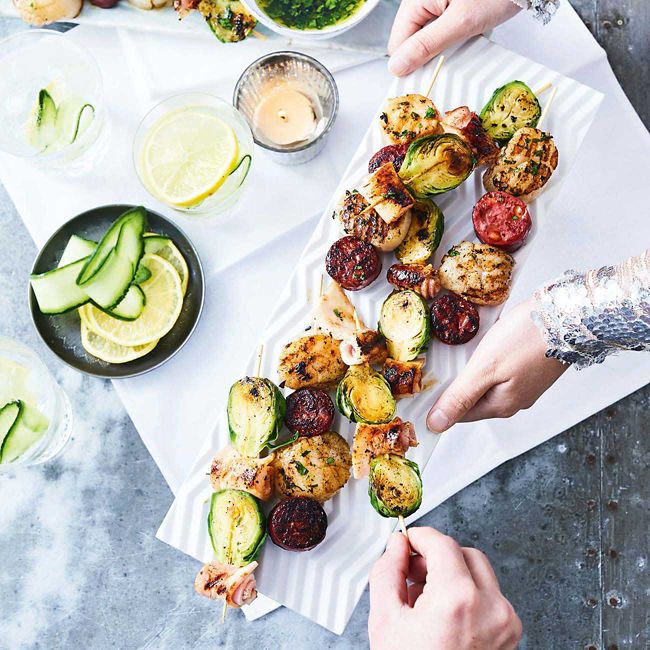 Sprout, Bacon, Scallop & Chorizo Skewers