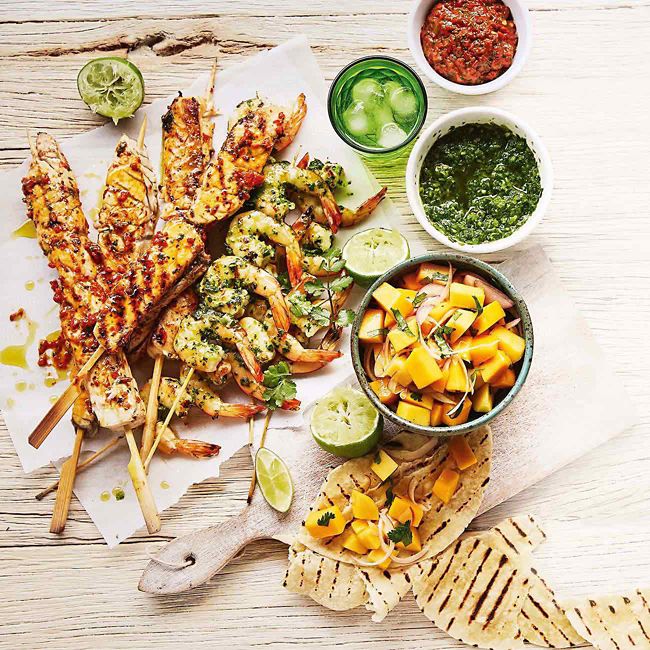 Chimichurri Seafood Skewers With Mango & Lime Salsa