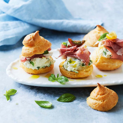 Gougeres With Basil Ricotta & Prosciutto