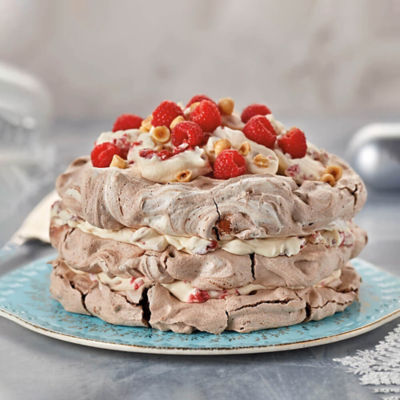 Layered Chocolate And Almond Meringue Cake With Raspberry Cream