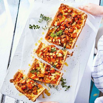 Sweet Potato, Feta & Caramelised Onion Tart