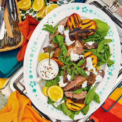 Barbecued Lamb With Grilled Peach Salad