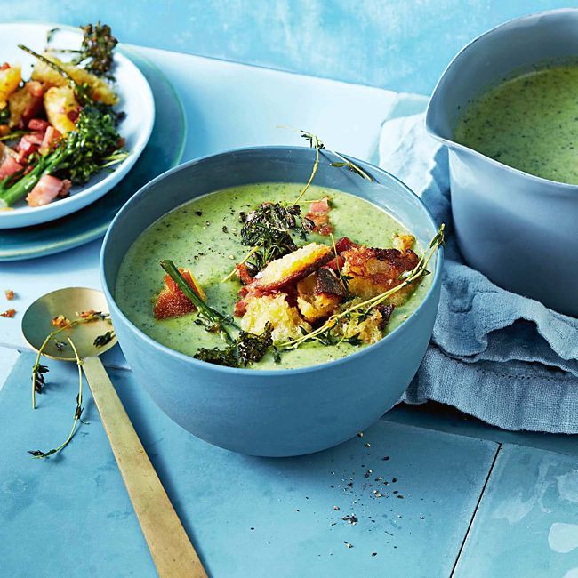 Broccolini Soup With Croutons & Speck