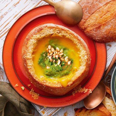 Pumpkin Soup Cob With Basil Pesto