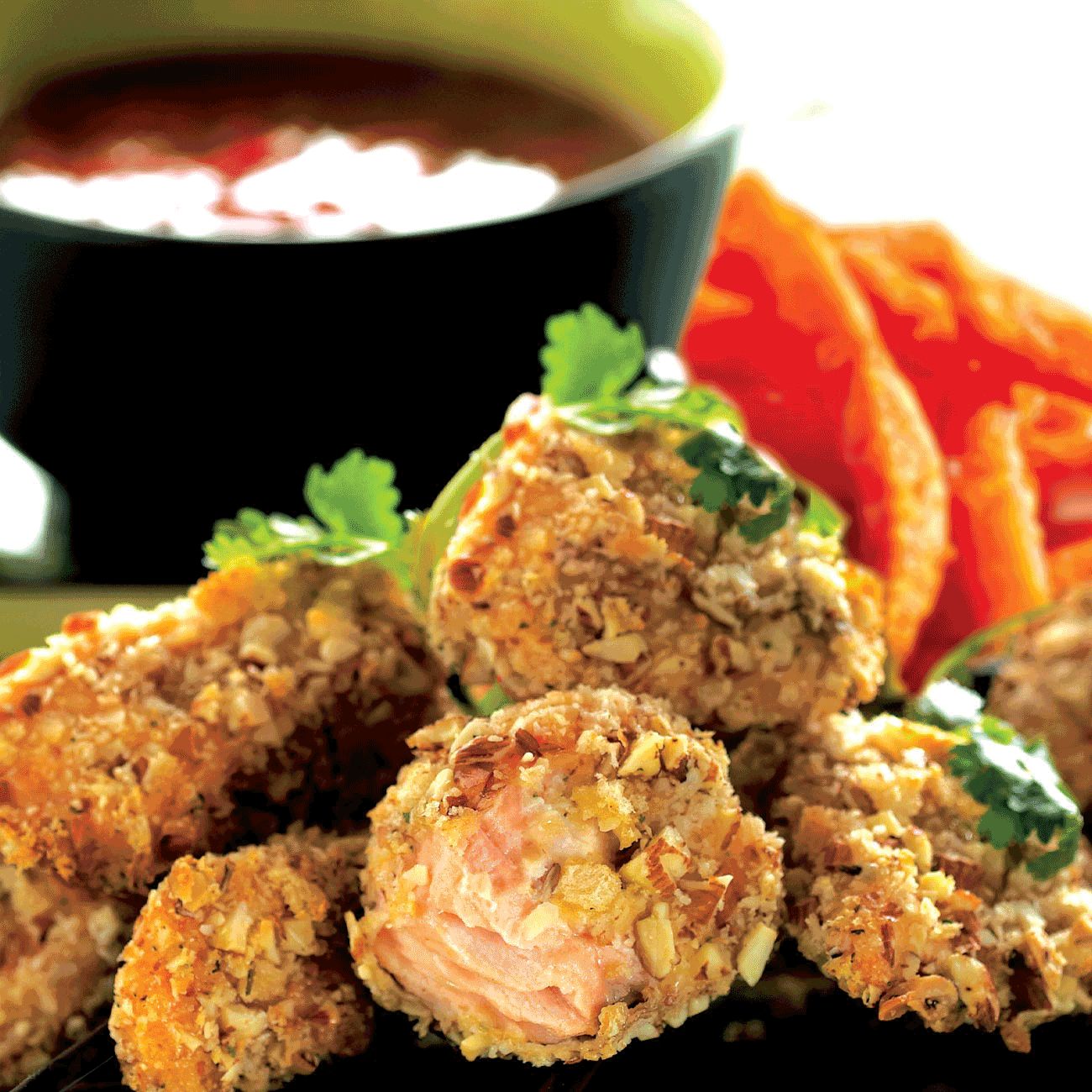Almond Crusted Salmon Bites With Sweet Potato Fries