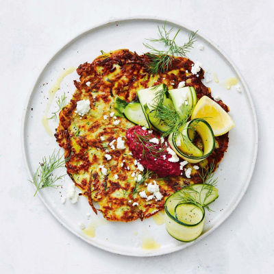 One-Pan Zucchini Fritter With Beetroot Dip