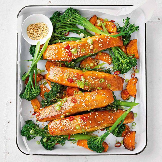 Miso Salmon & Veggie Traybake