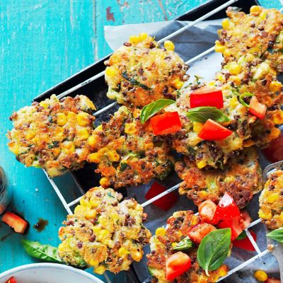 Oat & Corn Fritters With Smashed Avo And Crispy Bacon