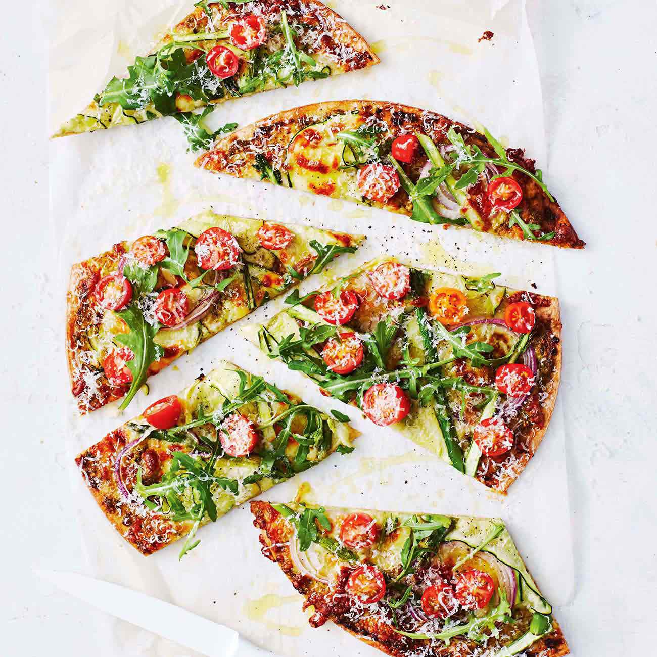 Zucchini Asparagus and Tomato Pizzas