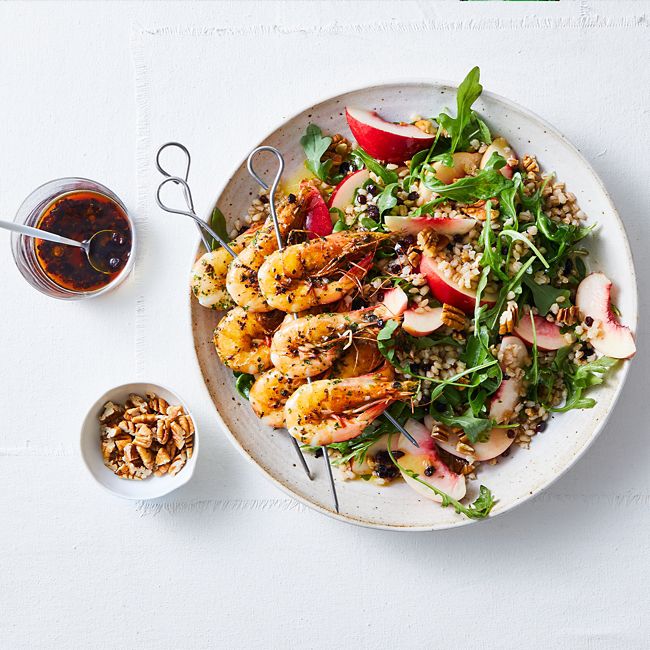 Barbecued Prawn Skewers With Nectarine & Grain Salad