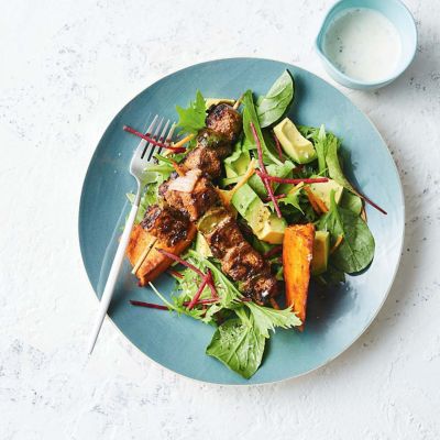 Simple Sweet Potato Salad With Pork Kebabs