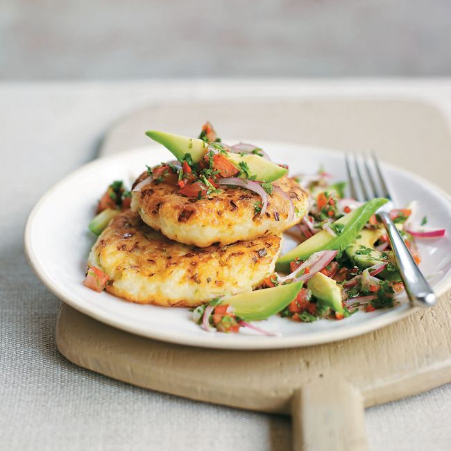 Spring Onion Rostis With Avocado, Red Onion & Tomato Salsa