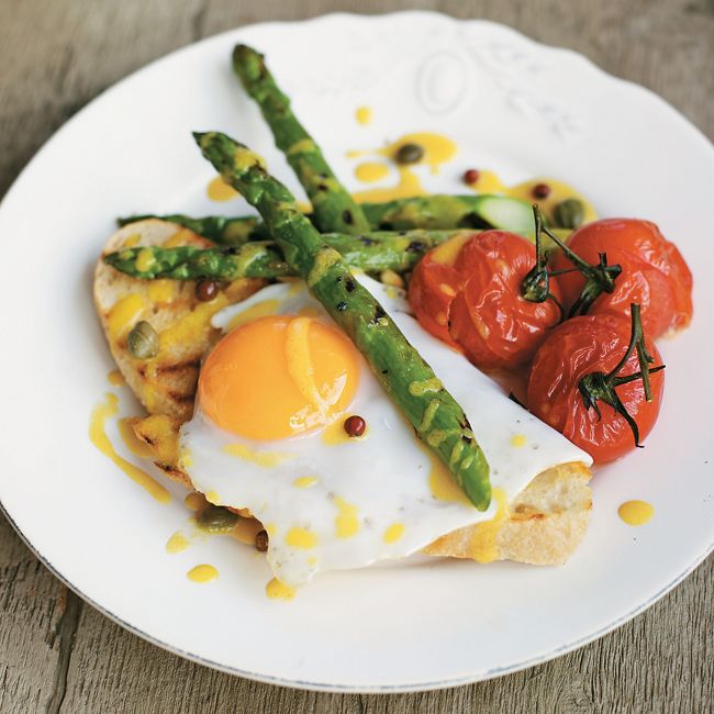 Griddled Asparagus With Caper Dressing & Ducks Eggs