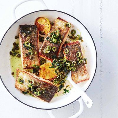 Salmon With Crispy Olives And Lemon Sauce