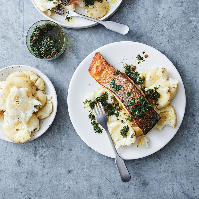 Crispy-Skin Salmon With Crushed Potatoes & Chimichurri