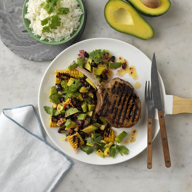 Grilled Jerk Pork Cutlets With Charred Corn And Avocado Salsa
