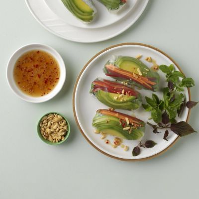 Rice Paper Rolls With Avocado, And Spicy Dipping Sauce