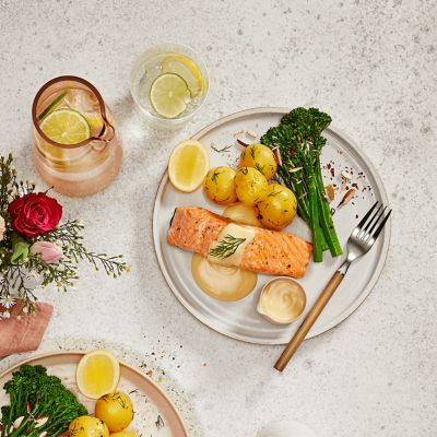 Crispy skin salmon with baby potatoes and broccolini