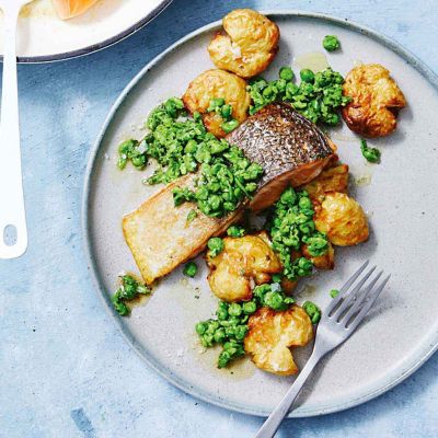 Crispy Skin Salmon With Smashed Potatoes & Peas