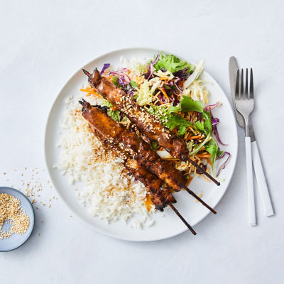 Honey Soy Chicken Kebabs With Asian Salad & Sesame Rice