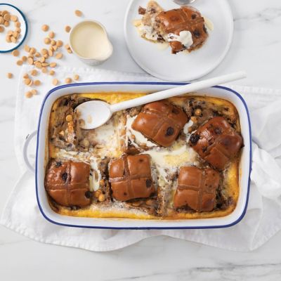 Hot Cross Bun Slab Pudding With White Chocolate Custard