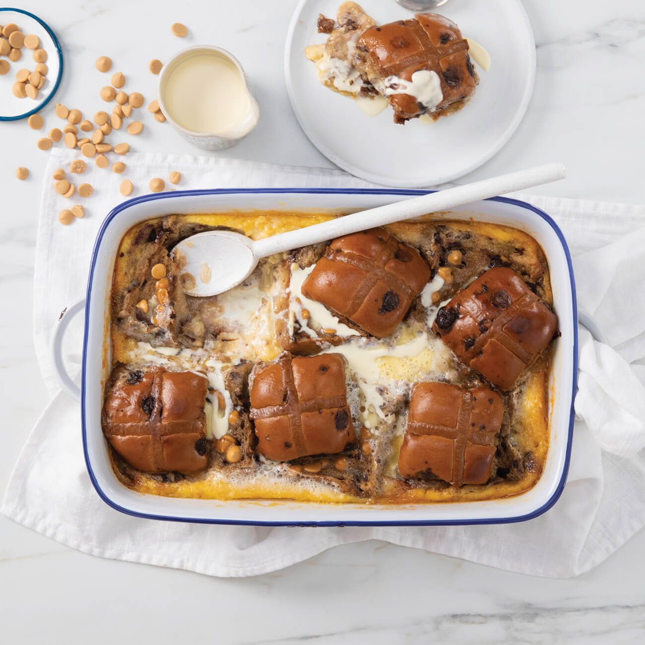 Hot Cross Bun Slab Pudding With White Chocolate Custard