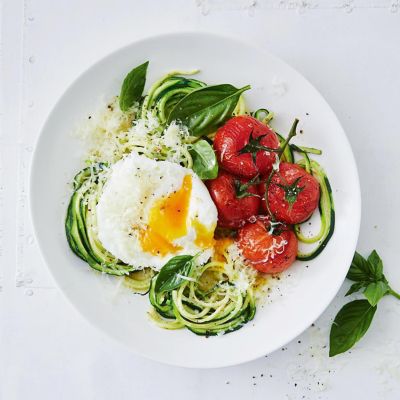 Poached Eggs With Roasted Tomato & Zoodles