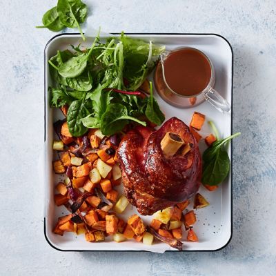 Pork knuckle with roast vegetables