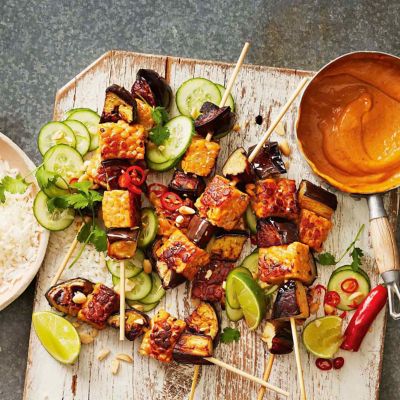 Tempeh & eggplant skewers with peanut sauce