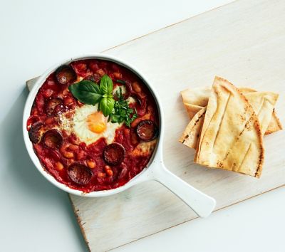 Baked Egg Pot with Baked Beans & Chorizo