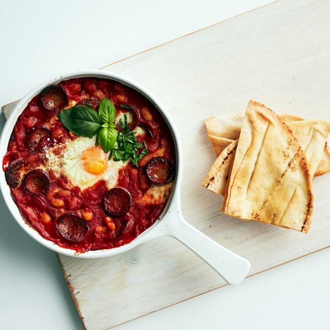 Baked Egg Pot with Baked Beans & Chorizo
