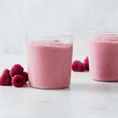 Breakfast banana and raspberry smoothies