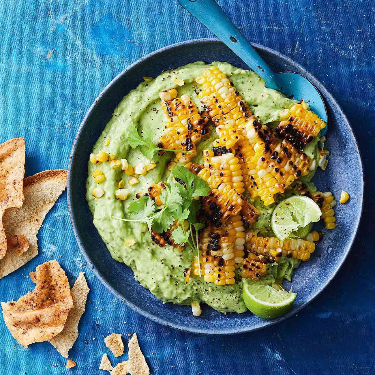 Charred corn with avocado dip