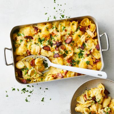 Chicken, corn and chorizo pasta bake