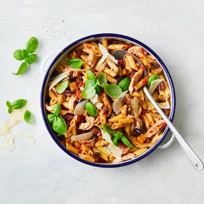 Chicken, olive, tomato and eggplant pasta