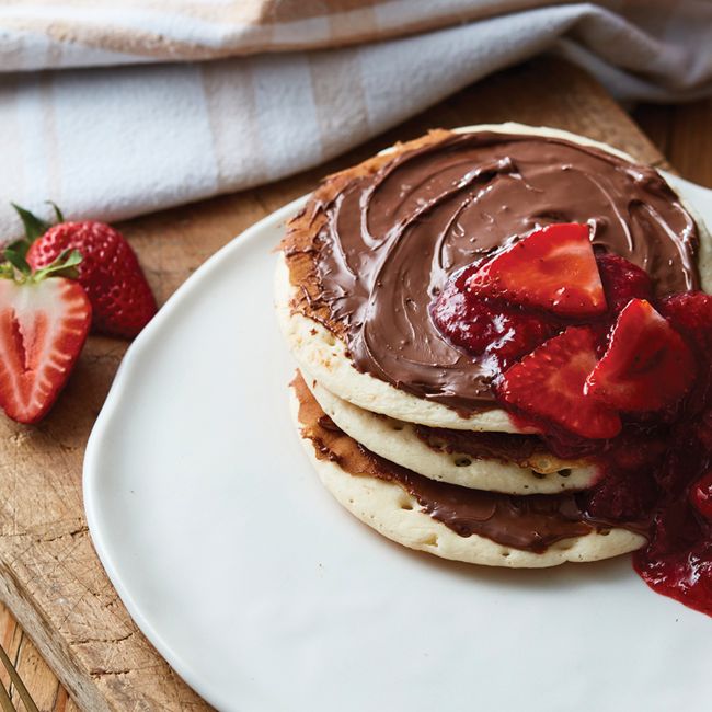 Italian Ricotta Pancakes with Nutella & Warm Strawberry Sauce