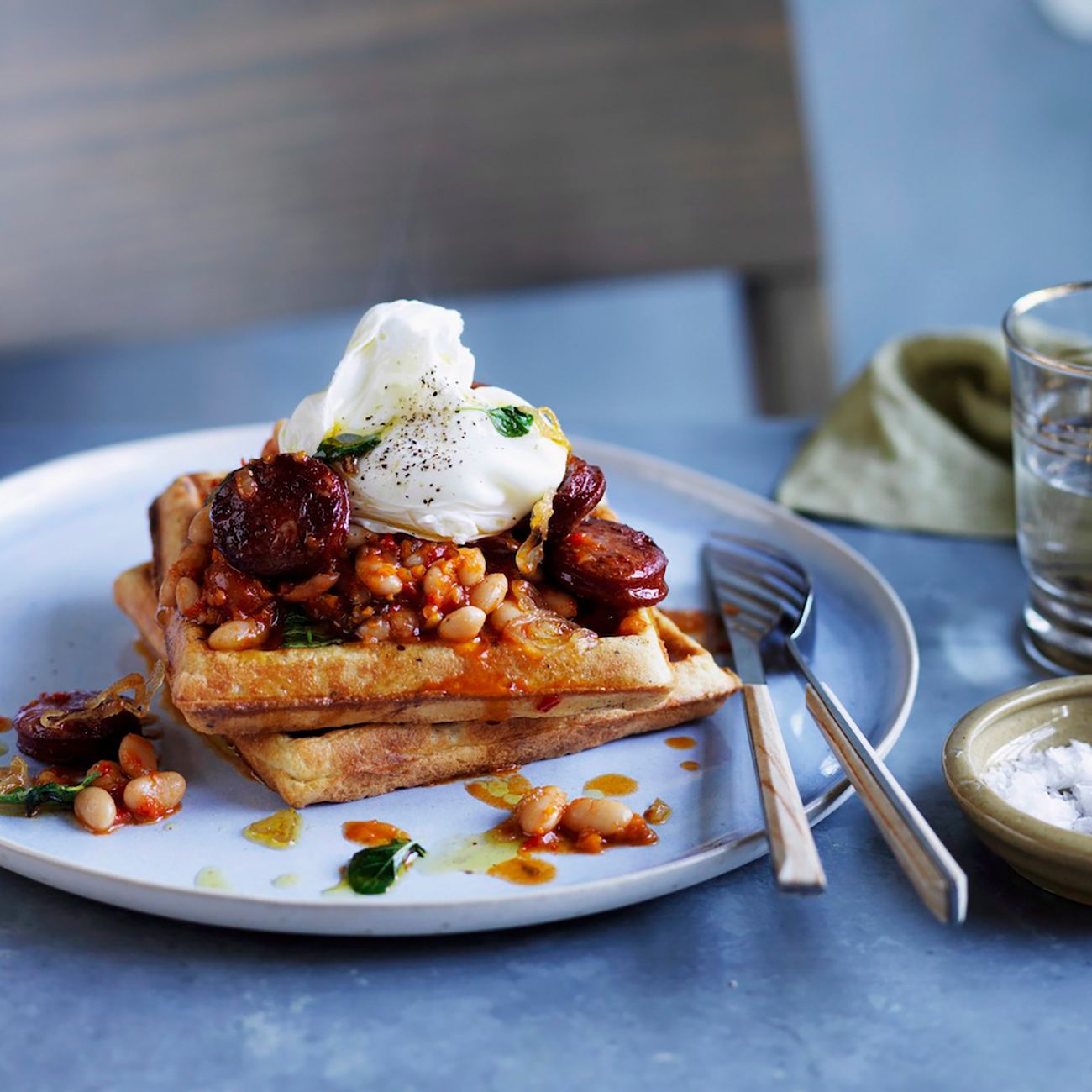 Savoury Waffles with Baked Beans Chorizo and Egg