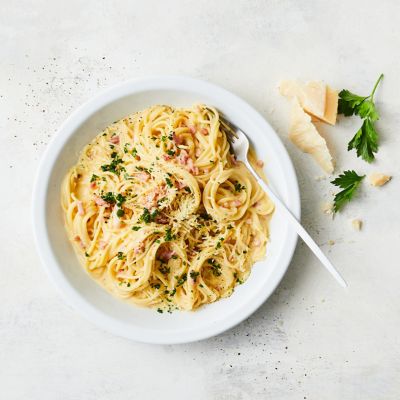 Three-cheese spaghetti carbonara