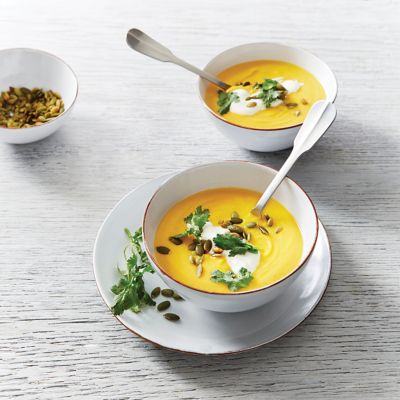 Butternut pumpkin and cashew soup With yoghurt, coriander and pepitas