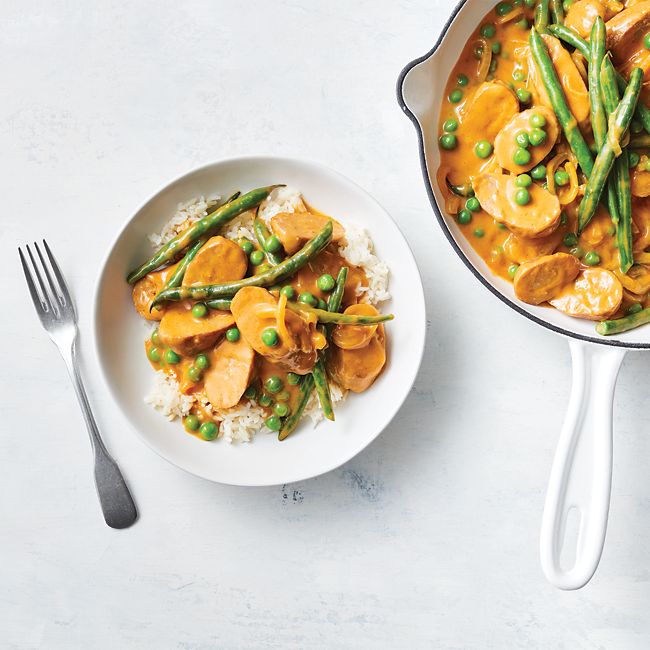 One-Pot Curried Beef Sausages With Beans & Peas