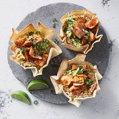 Salmon and guacamole tortilla bowls