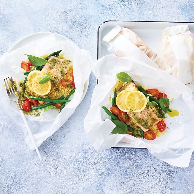 Salmon pesto parcels with couscous