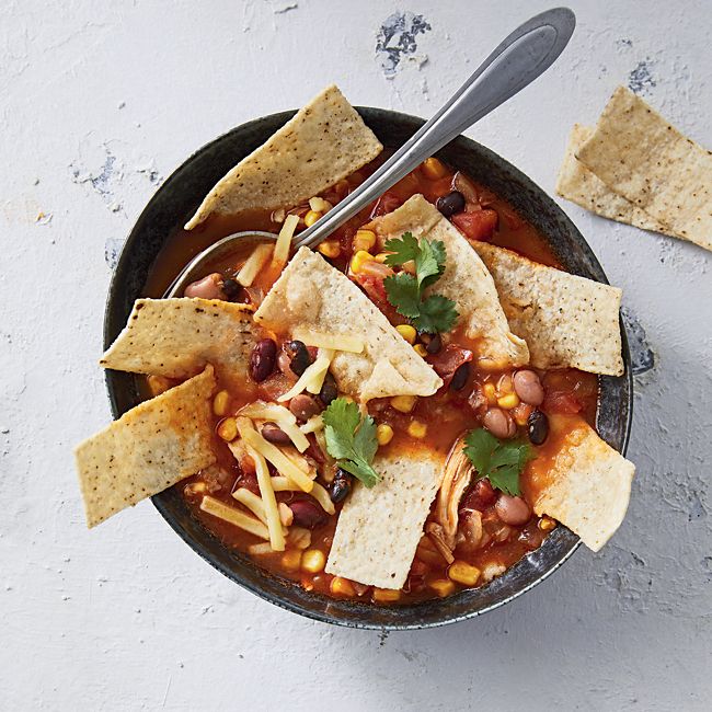 Speedy chicken and tortilla strip soup