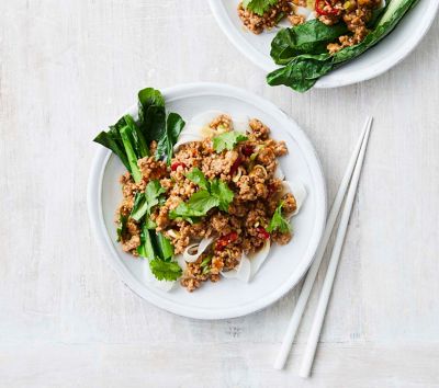 Sticky pork mince bowls with Chinese broccoli