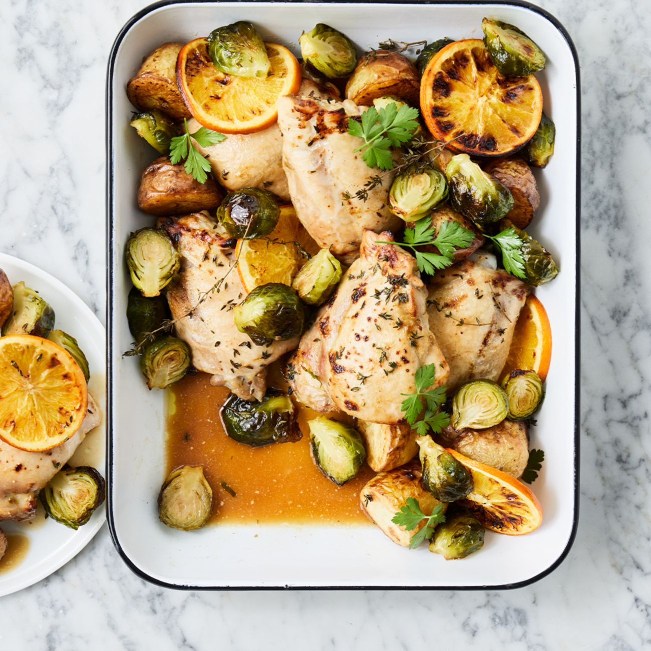 Chicken, orange & brussels sprouts traybake